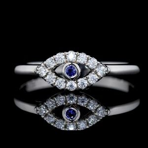 Diamond & Blue Sapphire Evil Eye Ring ~ Dainty All Seeing Stackable Ring